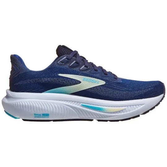 Brooks Ghost 17 Dame løbesko i Navy/Green/Turquoise har hvid sål, lyseblå detaljer og "Brooks"-branding samt DNA LOFT v2-støddæmpning. Vist i sideprofil på en almindelig hvid baggrund.