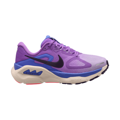 Nike Structure Plus damesko i Bright Violet/Purple Dynasty-Violet Mist har en overdel i mesh, mørklilla swoosh, hvid sål og blå og pink detaljer - perfekt som en stabil løbesko med ekstra støtte.