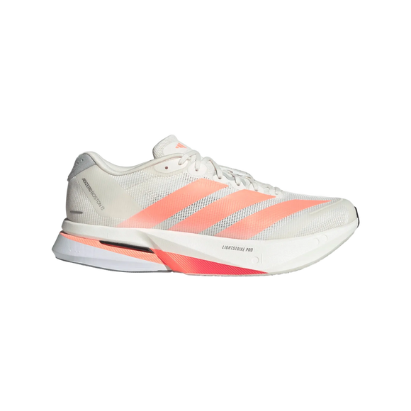 Adidas Adizero Boston 13, Herre, i Owhite/Luor/Grey er en let træningssko med pink og orange accenter, tre diagonale striber, mesh-overdel og hvid mellemsål - ideel som din næste løbesko herre.