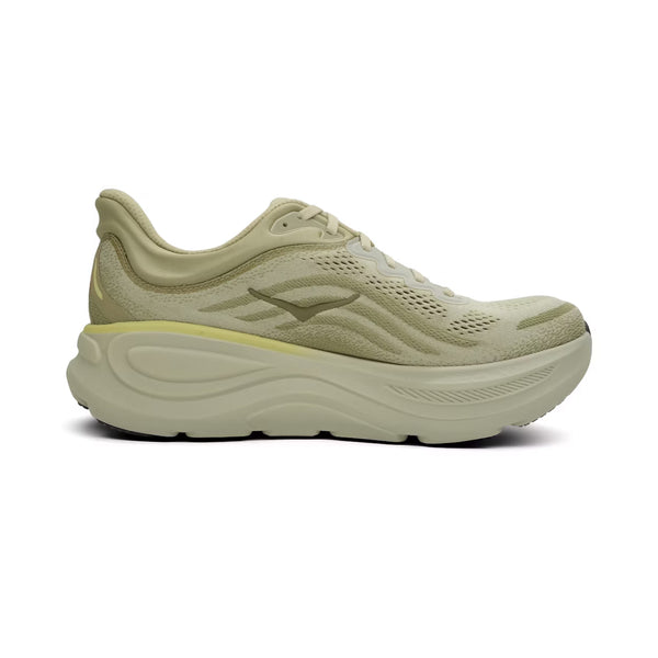 Hoka Bondi 9 Herre i Grassland/Oyster Mushroom har en tyk, skulpturel sål og overdel i mesh med subtile bølger i siden, vist fra venstre profil mod en hvid baggrund for maksimal komfort.
