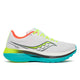 Saucony Endorphin Trainer Herre i White/Mutant er en hvid atletisk løbesko med neongrønne, turkise og orange detaljer, mesh-materiale og logo på siden. Sålen har en blå og grøn base med en polstret hæl.