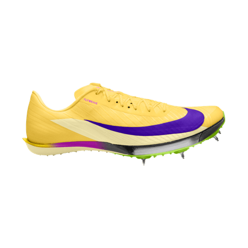 En Nike Maxfly 2 unisex atletikspike i Citron Pulse/Indigo Burst-Volt Ice med gul overdel, lilla swoosh, hvide og sorte detaljer, limegrøn ydersål og metalspikes, set fra siden.