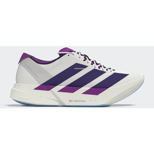 Adidas Adizero Adios Pro 4 Dame i hvid med små detaljer har tre diagonale striber, lilla pløs og hæl samt en tyk, stødabsorberende sål-ideelle løbesko til maraton.