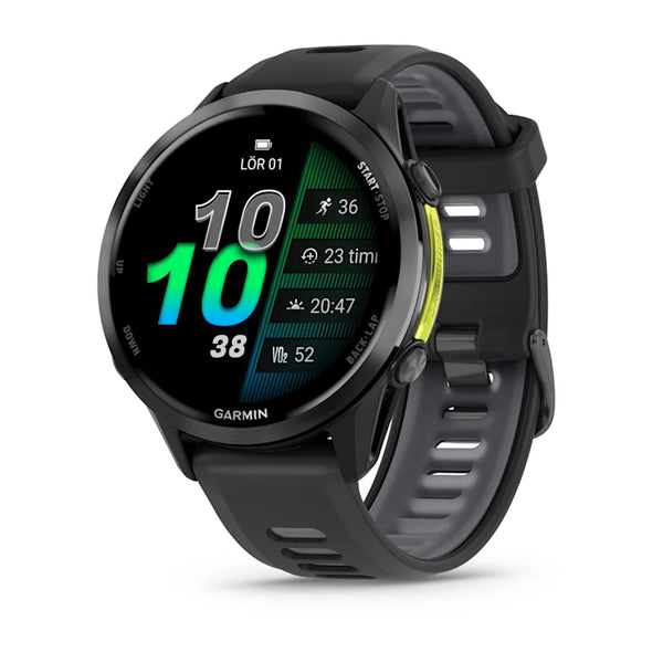Garmin Forerunner 970 Black/Amp Yellow har rund urskive, viser tid, dato, puls og aktivitetstal. Det fungerer som GPS-løbeur med avanceret træningsteknologi og har sort silikonerem med justerbare huller.