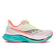 Saucony Endorphin Speed 5 Herre i White/Mutant har en hvid mesh-overdel med orange, blågrønne og neongule detaljer, en turkis og hvid tyk sål, sorte sidedetaljer, geometriske mønstre og Saucony-logoet.