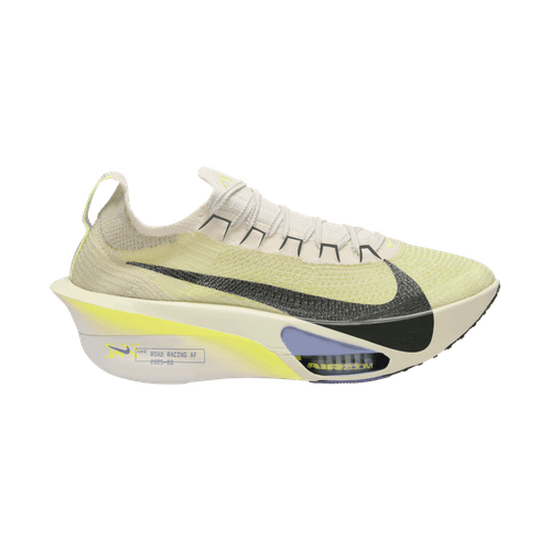 Nike Alphafly Next% 3 Herre løbesko i Phantom/Sequoia-Ultralime-Citron Tint har en tyk polstret sål, stor sort swoosh, trækflig i hælen og synlig luftenhed, fotograferet på en almindelig hvid baggrund.