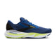 Brooks Adrenaline GTS 24 til mænd i Navy Peony/Black/Acid Lime har stabilitet, en hvid og gul sål og Brooks-logoet på siden.