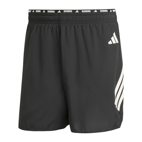 Adidas Adi365 Shorts, Herre, Black har en elastisk linning med "RUNNING"-tekst og -logo, hvide diagonale striber på venstre underben og et lille hvidt logo på overlåret - ideelle træningsshorts herre til løb og fitness.
