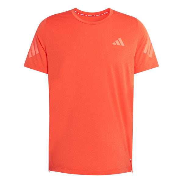Adidas Adi365 Running Tee, Herre, Duor er en orange atletisk t-shirt med rund hals og lyserøde diagonale ærmestriber samt et lille geometrisk logo på venstre bryst. Perfekt til løbetræning. Vist på en hvid baggrund.
