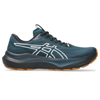 Asics GT-2000 14 TR til mænd i Nature Bathing/Tranquil Teal har en mørkeblå, struktureret overdel, sorte snørebånd og sål, orange accenter på ydersålen, et hvidt logo og giver pronationsstøtte.