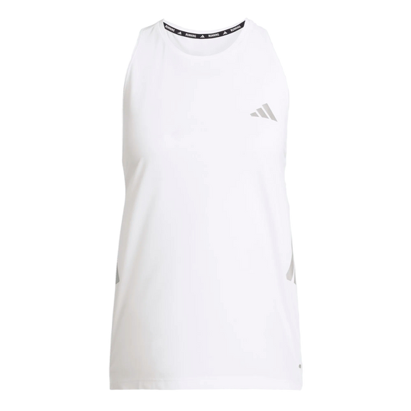 Iconic Tank Top til kvinder fra Adidas er en hvid ærmeløs træningstop-dame med et lille gråt Adidas-logo på venstre bryst, to grå sidepaneler og en sort inderkrave med gentagne Adidas-logo-accenter.