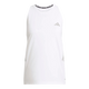 Iconic Tank Top til kvinder fra Adidas er en hvid ærmeløs træningstop-dame med et lille gråt Adidas-logo på venstre bryst, to grå sidepaneler og en sort inderkrave med gentagne Adidas-logo-accenter.