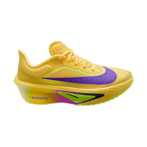 Nike Zoom Fly 6 Dame i Citron Pulse/Indigo Burst-Volt Ice har en gul overdel, lilla swoosh, grønne detaljer, ZoomX på den tykke buede sål med karbonplade, vist på en hvid baggrund.