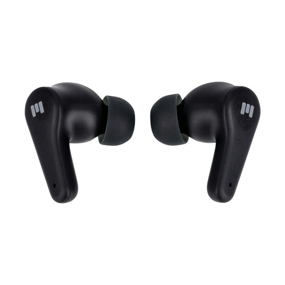 Et par sorte Miiego MiiBuds Play II w/ANC unisex in-ear-hovedtelefoner med silikoneørepropper og et lille logo på hver side, vist mod en hvid baggrund.