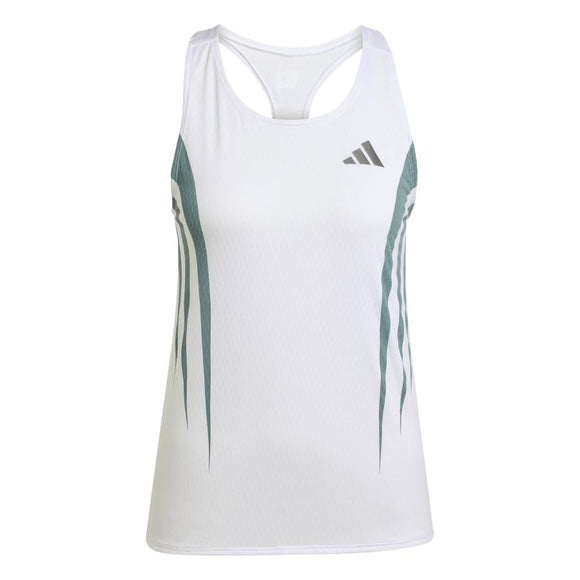 Adizero Archive Running Singlet, Dame, White/Preloved Teal er en ærmeløs løbetop med grønne striber, sort Adidas-logo på brystet, svedtransporterende materiale og racerback-design for komfort og stil.
