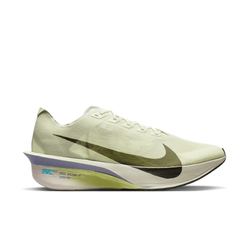 Et sidebillede af Nike Vaporfly Next% 4 Herre løbesko i Sea Glass/Sequoia-Ultralime-Phantom med en lysegul overdel, stor sort Swoosh, hvid ZoomX mellemsål, subtile grønne og blå hælaccenter og matchende lysegule snørebånd.
