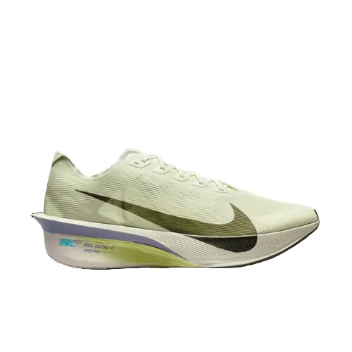Et sidebillede af Nike Vaporfly Next% 4 Herre løbesko i Sea Glass/Sequoia-Ultralime-Phantom med en lysegul overdel, stor sort Swoosh, hvid ZoomX mellemsål, subtile grønne og blå hælaccenter og matchende lysegule snørebånd.
