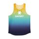 Drip Dye Flow Singlet, Herre, Blue Aop fra Saysky er en ærmeløs tank med et blåt gradientdesign, svedtransporterende materiale, hvid stjerne og et fedt SAYSKY-logo - perfekt til løb.