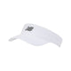 New Balance Performance Visor V 2.0 (Unisex, hvid) har en buet skygge, fugttransporterende stof og et sølvfarvet New Balance-logo på forsiden.