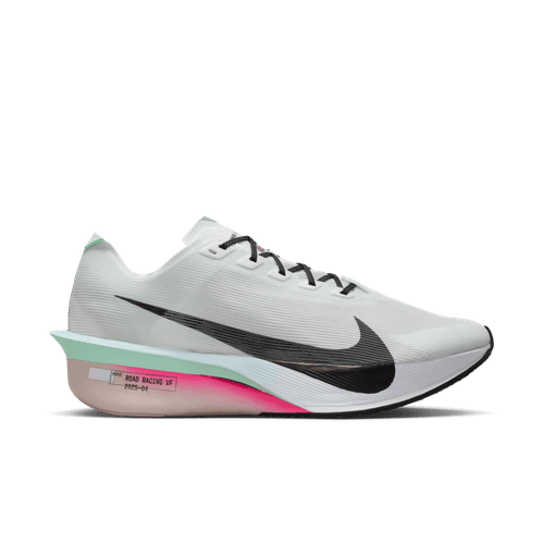 Sidebillede af Nike Zoomx Vaporfly Next% 4 Herre i White/Black-Hyper Pink-Mint Foam, med en fed sort swoosh, sorte snørebånd, ZoomX-støddæmpning, carbonplade til fremdrift og en mellemsål med gradient fra mintgrøn til pink.