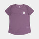 Saysky W Reactive Flow T-Shirt, Dame, Purple Aop har korte ærmer, en rund halsudskæring og et lille hvidt logopatch på venstre bryst. Vises på en hvid baggrund - perfekt som en lilla træningstrøje eller løbetrøje dame.