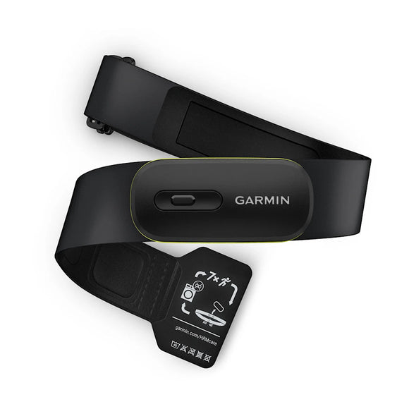 Garmin HRM 600 XS-S Pulsmålere, Unisex, er et sort brystbælte med avanceret pulsovervågning, justerbar elastik, central Garmin-mærket sensorenhed og et påsat mærke med ikoner og en QR-kode.