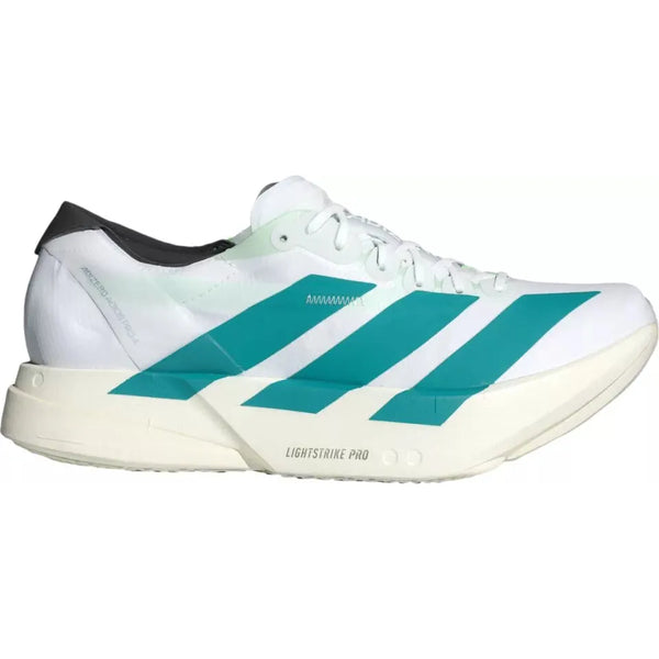 Adidas Adizero Adios Pro 4 til mænd har et hvidt design med blågrønne diagonale striber, en tyk cremefarvet Lightstrike Pro-sål, sorte hældetaljer og ENERGYRODS 2.0 for forbedret ydeevne i en slank, moderne silhuet.