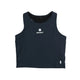 Saysky W Combat Rib Crop Top, Dame, i blå, er ærmeløs med rund halsudskæring og har et hvidt Saysky-logo med en stjerne på forsiden, vist mod en almindelig hvid baggrund.