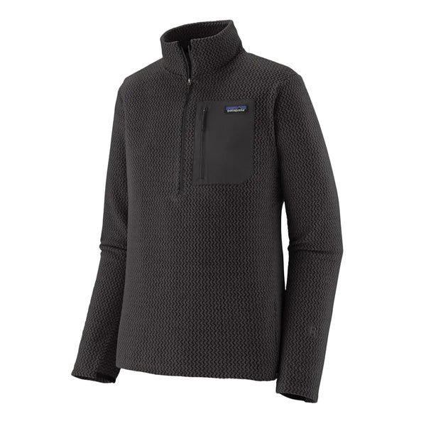 Patagonia R1 Air Zip Neck til herrer i sort har lange ærmer, et struktureret mønster, høj krave og en brystlomme med lynlås med mærkets logo over.