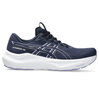 Asics GT-2000 14 Dame i Midnight/Bluebell har en hvid sål, sorte snørebånd og lyslilla detaljer - vist fra siden mod højre - og er designet til optimal støtte og stil til kvindeløb.