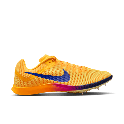 Nike Zoom Rival Distance, Herre (Citron Pulse/Indigo Burst-Hyper Violet), er en gul herresko til mellem- og langdistanceløb med blå swoosh, orange snørebånd og atletikpigge, vist fra siden mod en hvid baggrund.