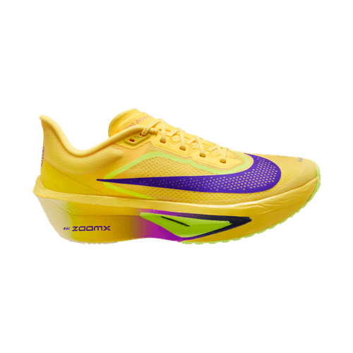 Nike Zoom Fly 6 herre løbesko i Citron Pulse/Indigo Burst-Volt Ice har en gul overdel, lilla Nike-swoosh, grønne og lilla detaljer i mellemsålen, ZoomX over sålen og et aerodynamisk design, der giver toppræstationer.