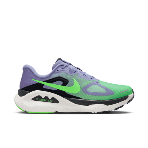 Nike Structure Plus til mænd i Iron Purple/Voltage Green-Off Noir-Sail har en grøn mesh-overdel, lilla detaljer, sort ZoomX- og ReactX-skummellemsål, lysegrøn swoosh og hvid/sort ydersål.