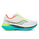 Saucony Endorphin Trainer, Dame i White/Mutant har limegrønne snørebånd, en turkis og neongul sål, orange inderforing, sorte detaljer og er vist i et profilbillede fra venstre side.