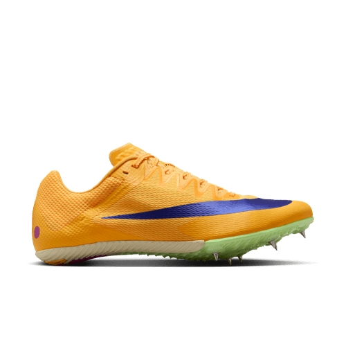 Nike Zoom Rival Sprint Herre i Citron Pulse/Indigo Burst-Hyper Violet er vist fra siden med en blå swoosh, en grøn ydersål med pigge og en lav profil på en hvid baggrund - ideelle sprintpigge til herre atletik sko.