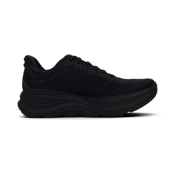 Hoka Bondi 9 herre løbesko i Black/Black har overdel i mesh, snørelukning og en tyk struktureret sål for maksimal komfort, vist i sideprofil mod en hvid baggrund.