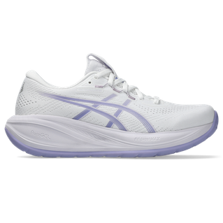 Asics Gel-Cumulus 28 Dame i White/Bluebell er en løbesko til kvinder med en åndbar overdel i mesh og en polstret sål, der er designet til komfort og støtte.