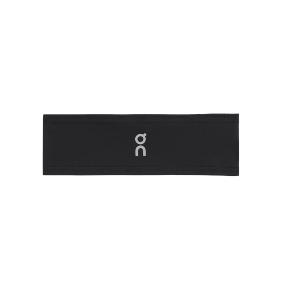 On Core Headband, Unisex, Black har et ultralet design med et lille lysegråt logo i midten - perfekt til løb, vist mod en ren hvid baggrund.