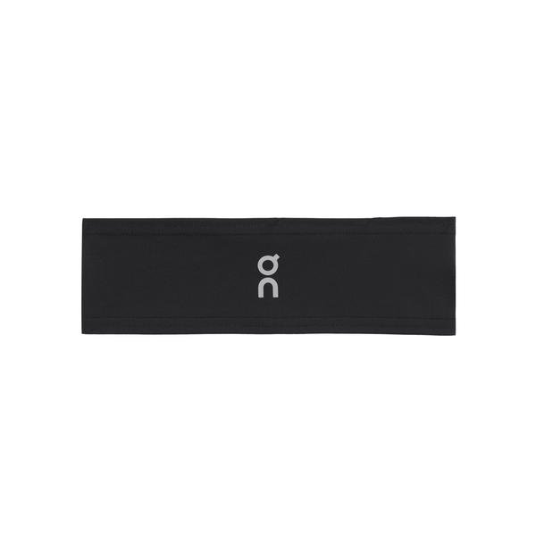 On Core Headband, Unisex, Black har et ultralet design med et lille lysegråt logo i midten - perfekt til løb, vist mod en ren hvid baggrund.