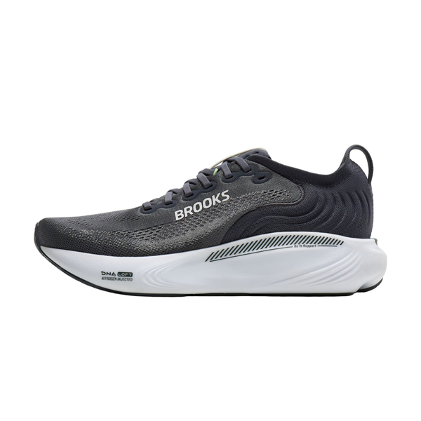 Brooks Adrenaline GTS 25, herre, i farvekombinationen grå/paradisgrøn/gran har et lavt design med en overdel i struktureret mesh og en hvid sål. Denne stabiliserende træningssko er ideel som løbesko til mænd og er forsynet med Brooks-logoet og teksten »DNA AMP« på mellemsålen.