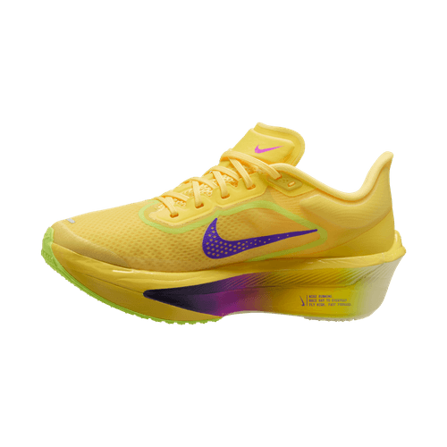 Nike Zoom Fly 6 Dame i Citron Pulse/Indigo Burst-Volt Ice har en gul overdel, lilla swoosh, lysegrøn sål og lilla-sort mellemsål med karbonplade, vist på en hvid baggrund.