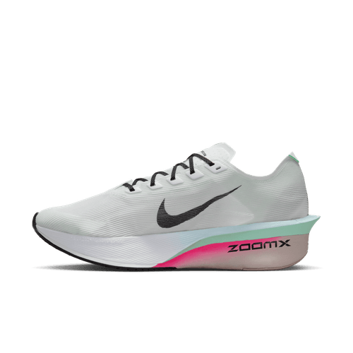 Nike Zoomx Vaporfly Next% 4 Herre løbesko i White/Black-Hyper Pink-Mint Foam har en sort swoosh, sorte snørebånd, tyk sål med en mint til pink gradient og fremviser ZOOMX-skum og carbonplade for forbedret ydeevne.