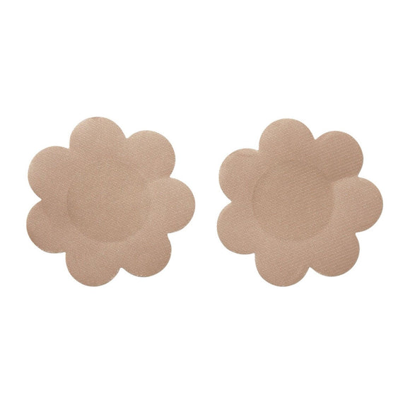 To beige, blomsterformede Magic BodyFashion Secret Covers (6 par) med hver syv afrundede kronblade er vist på en hvid baggrund. Disse selvklæbende covers ser bløde ud og placeres side om side.