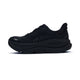Et sideview af Hoka Bondi 9, Dame, Black/Black-en sort løbesko med maksimal dæmpning, tykk sål og mesh-overdel. HOKA-logoet ses på siden og skoen har klassisk snøresystem.