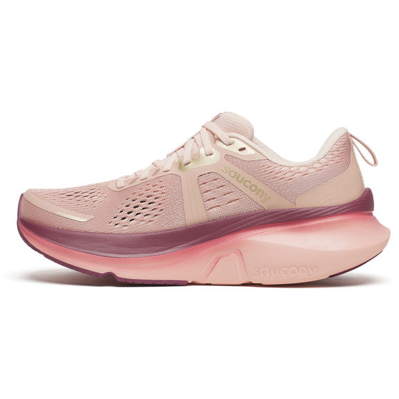 Saucony Guide 18 Dame i Cameo/Terra har en overdel i lyserød mesh, snørelukning og en tyk sål med gradient fra lyserød til mørklilla med Saucony-branding på siden og mellemsålen.