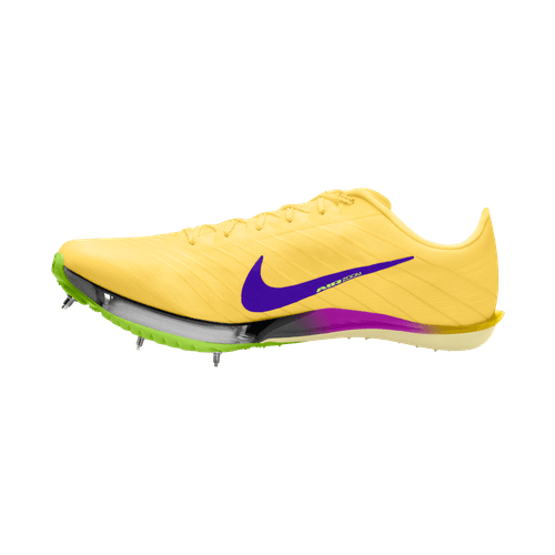 Nike Maxfly 2, en unisex-spikesko i Citron Pulse/Indigo Burst-Volt Ice, er ideel til sprintere, der vil have stil og fart.