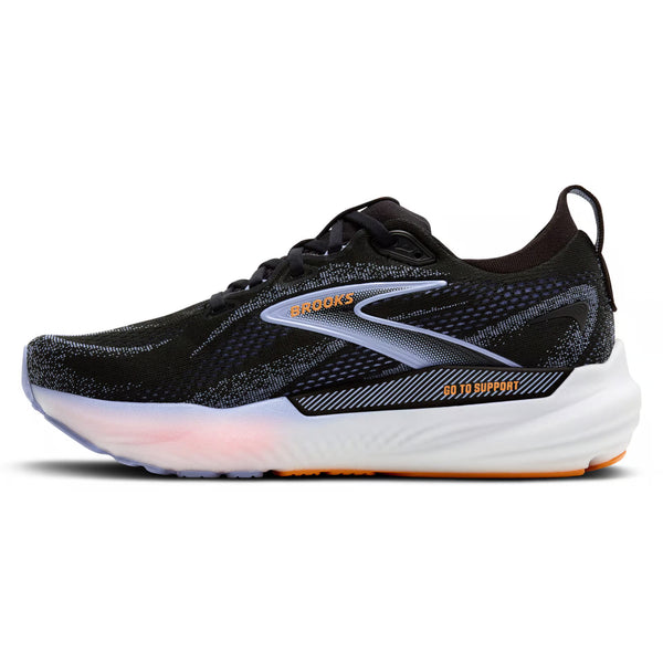 Brooks Glycerin GTS 22 dame løbesko i Black/Blue Heron/Orange har en hvid sål med en orange hældetalje og "GO TO SUPPORT" nær sålen; vist fra siden med hvide, blå og orange accenter.