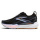 Brooks Glycerin GTS 22 dame løbesko i Black/Blue Heron/Orange har en hvid sål med en orange hældetalje og "GO TO SUPPORT" nær sålen; vist fra siden med hvide, blå og orange accenter.