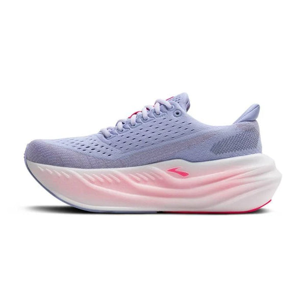 En Brooks Glycerin Max damesko i farven Blue Heron/Diva Pink/White med tyk hvid og pink gradient sål, perforeret mesh overdel og lille logo på siden, vist i venstre sideprofil for maksimal komfort.