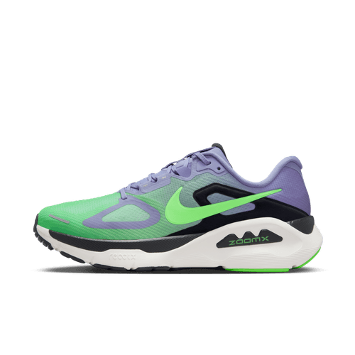 Et sidebillede af Nike Structure Plus, Herre i Iron Purple/Voltage Green-Off Noir-Sail med en grøn og lilla gradientoverdel, neongrøn swoosh, hvid/sort/neon sål, ReactX-skum for stabilitet og ZoomX-logo på mellemsålen.